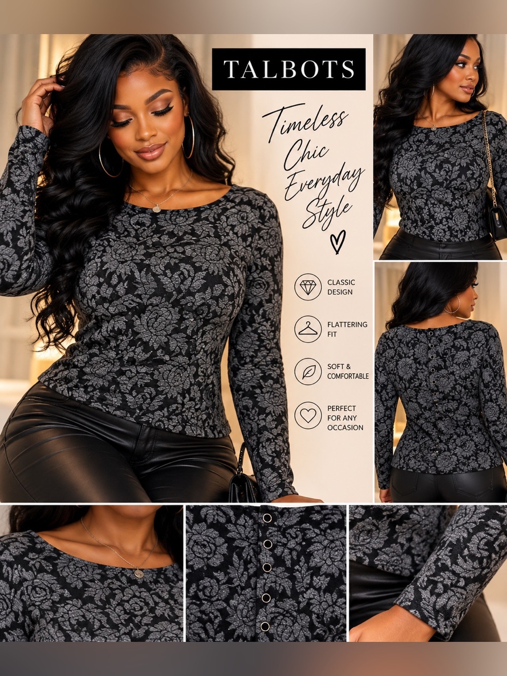 Talbots Black Floral-Print Long-Sleeve Top size small